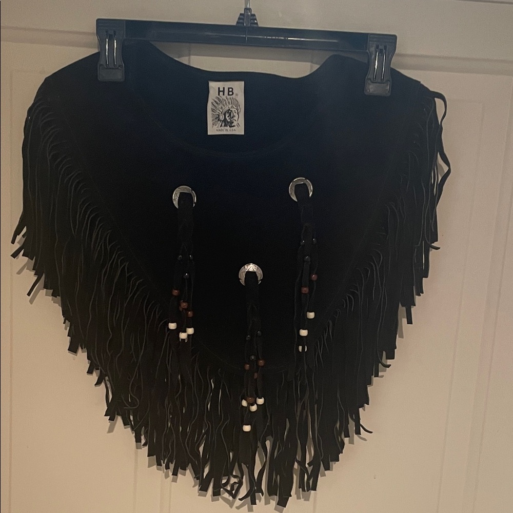 Black Leather Fringe Yoke with Beaded Accents